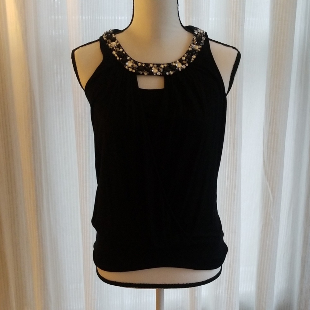 Black halter shirt with rhinestone detail at neck